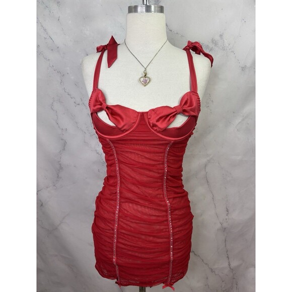 y2k Victoria Secret Lingerie Babydoll Dress Red Rhinestone Bling Bow Peek A Boo - Picture 9 of 16